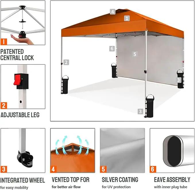CROWN SHADES 10x10 Pop Up Canopy with 1 Side Wall - Beach Tent with One Push Setup - Outdoor Sun Shade for Events, Parties, Camping - Gazebo with STO-N-Go Cover Bag (Orange) by GreenHaven Gardens
