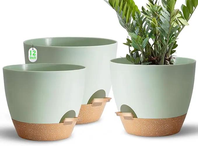 Indoor Pot For Plants 3 Pack 12/10/9 Inch Self Watering Pot For Lazy People,Self Watering Pots For Indoor Plants,Outdoor Pots For Succulent, African violets And Cactus Green Plastic Flower Pots by GreenHaven Gardens