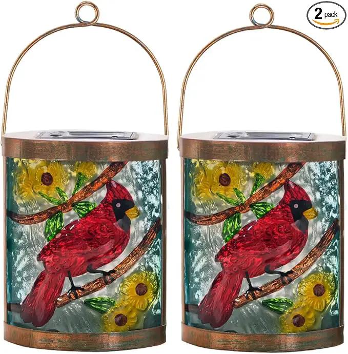 Starsoul 2 Pack Hanging Solar Lantern Outdoor Waterproof Glass Red Cardinal Decorative Solar Lights for Outside Garden Yard Table Patio Decor Cardinal Gifts by GreenHaven Gardens