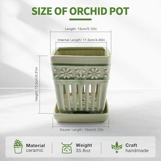 Orchid Pots with Holes | 5" Ceramic Orchid Planter with Separate Saucer and Drainage Holes | Glazed Pottery Small Flower Pot for Repotting Orchids(Green) by GreenHaven Gardens