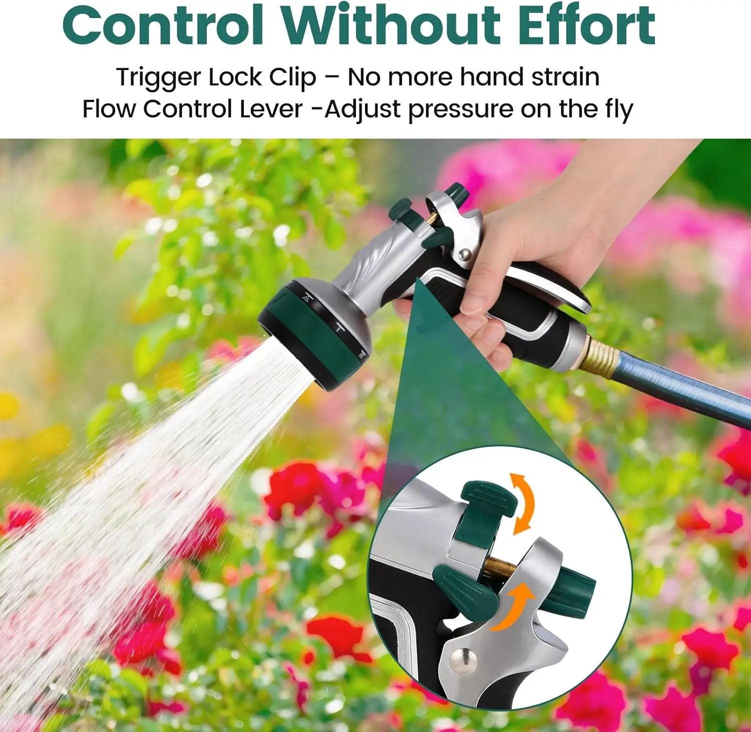 Garden Hose Nozzle, Heavy Duty Metal Water Hose Sprayer Nozzle with 8 Spray Patterns, High Pressure Handheld Nozzle with Flow Control for Lawn & Plant Watering, Car Washing – Forest Green by GreenHaven Gardens