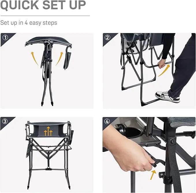 EVER ADVANCED Portable 30.7" Seat Height Tall Folding Camping Chair Directors Chair High Foldable Bar Stool with Side Table for Makeup Artist, Sports Event, Craft Show, Supports 350LBS Grey by GreenHaven Gardens