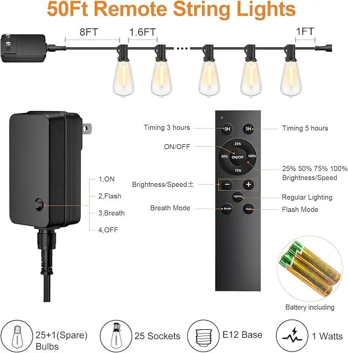 50FT Outdoor String Lights with Remote, Garden Patio Decor with 2500K Warm White, 25+1 LED Edison Bulbs, Support Timer Dimmable Waterproof Shatterproof for Yard Outside Porch Deck Indoor by GreenHaven Gardens