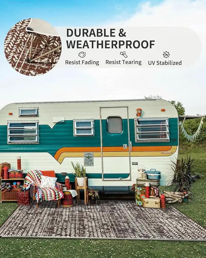 MontVoo Outdoor Rug Waterproof-Patio Rug Mat 5x8 Outdoor Carpet Reversible RV Camping Picnic Plastic Straw Rug Outside Outdoor Area Rug for Balcony Deck Backyard Patio Decor Boho Modern-Brown by GreenHaven Gardens