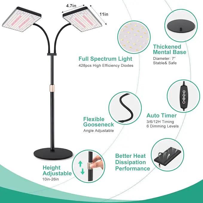 2024 Upgraded Desk Grow Lights for Indoor Plants, Dual-Head 428 LED Tabletop Full Spectrum Grow Light, with 3/6/12H Timer, 6 Brightness Levels, 3 Lighting Modes, Height Adjustable for 10-26 inches by GreenHaven Gardens