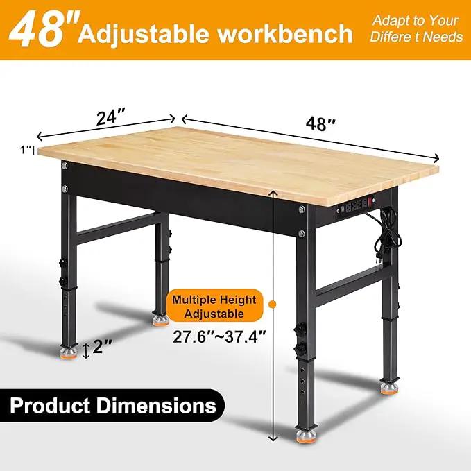 48" Adjustable Work Bench, Rubber Wood Top Workbench Heavy-Duty Work Table with Power Outlet, 2000 LBS Load Capacity Hardwood Work Benches for Garage, Workshop, Home, Office, Easy Assembly by GreenHaven Gardens