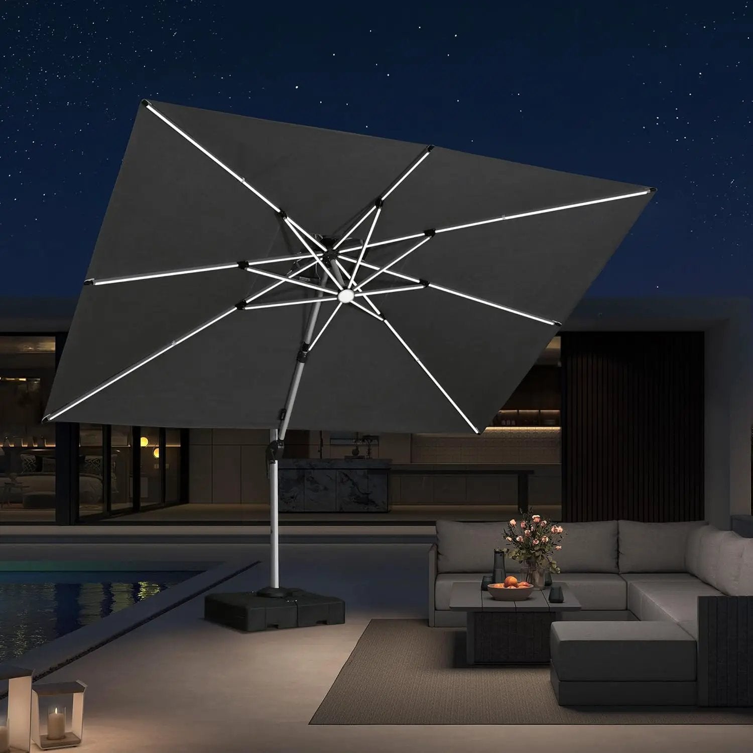 PURPLE LEAF 9' X 12' Solar Powered LED Patio Large Umbrella Offset Double Top Hanging Umbrella Outdoor Market Umbrella for Garden, Slate Gray by GreenHaven Gardens