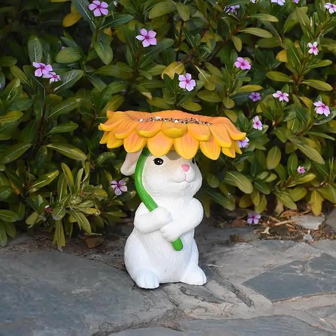 Solar Garden Decor Bunny Garden Statue Easter Decorations Outdoor Resin Sunflower Rabbit Statue with Bird Feeder Patio Decor Bunny Figurines with Lights Yard Decorations Easter Gifts for Women by GreenHaven Gardens