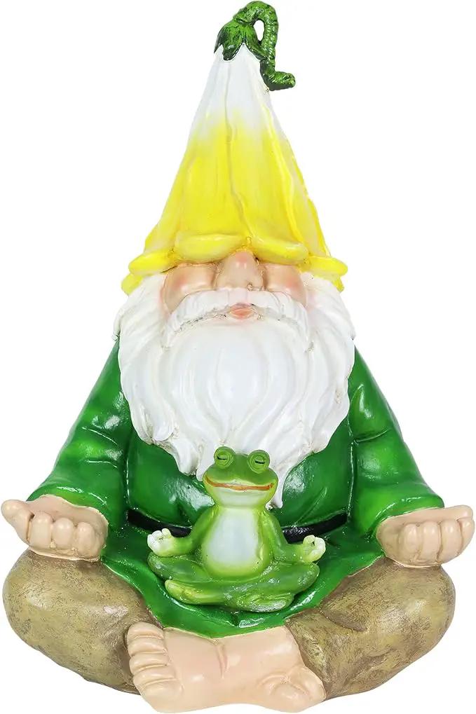 Exhart Solar Light-Up Meditating Gnome Statue w/LED Frog, Durable Resin Garden Décor, 8”x6.5”x10.5” by GreenHaven Gardens