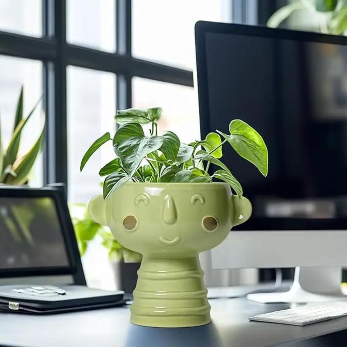 Face Planter Pots Head - 7 Inch Ceramic Succulent Plant Pots with Drainage Hole, Cute Head Planters for Indoor Outdoor Plants, Room Desk Office Decor, Plant Lover Gifts, Green by GreenHaven Gardens