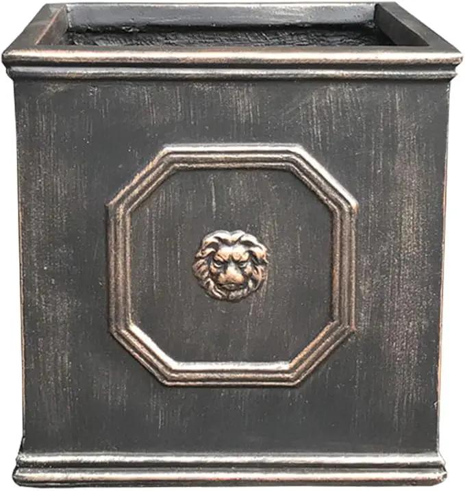 Kante Square Lion Head Concrete Planter, Classic English Style Plant Pot with Drainage Hole and Rubber Plug for Indoor Outdoor Garden Patio Home, 12.6"x12.6"x12.6" Metallic Chestnut by GreenHaven Gardens