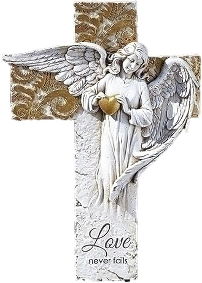 Roman Angel on Cross with Gold Heart Garden Statue,12-inch Height by GreenHaven Gardens