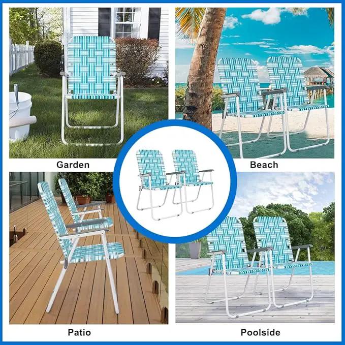 VINGLI Patio Lawn Webbed Folding Chairs Set of 2, Outdoor Beach Chair Portable Dining Chair for Outdoor Yard, Garden (White & Blue, Classic) by GreenHaven Gardens