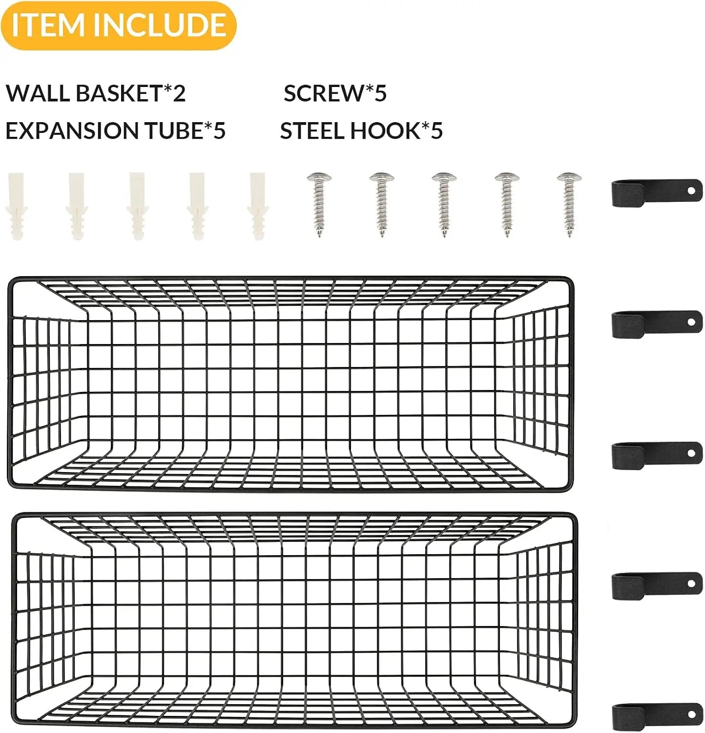 2 Sets Extra Large Hanging Wall Basket, Black Metal Wire Baskets with Steel Hooks for Organizing, WallmountedFruit Vegetable Toy Snack Storage, Home Kitchen Bathroom Laundry Pantry Organizer by GreenHaven Gardens