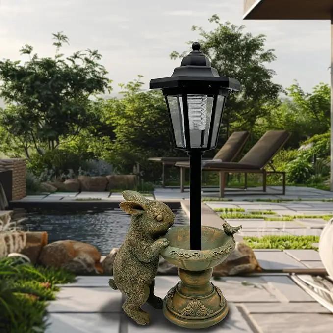 Rabbit Garden Statue with Solar Lantern - 15.8“ Outdoor Bunny Statue Bronze Resin Rabbit Figurines for Outside, Yard, Patio, Lawn Decor, Housewarming Gifts for Women, Mom by GreenHaven Gardens