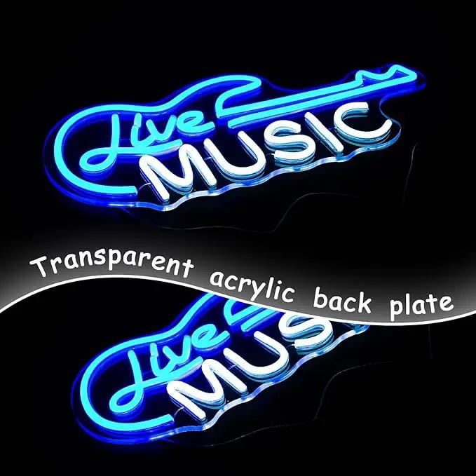 Guitar Neon Sign Blue White Live Music for Wall Decor Dimmable Guitar Led Light up Sign Letter Neon Signs Art Decorative Lights for Music Studio Live Streams Nightclub by GreenHaven Gardens
