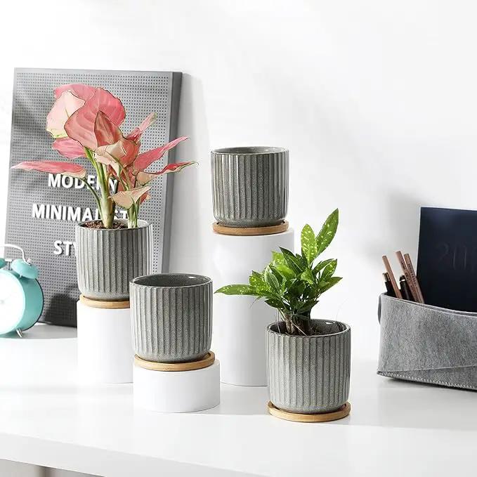 TAMAYKIM 4 Inch Cylinder Ceramic Plant Pots with Drainage Holes & Saucers, Glazed Green Grey Small Boho Planters with Trays for Indoor Flower, Snake Plants, Succulent, Cactus, Set of 4 by GreenHaven Gardens