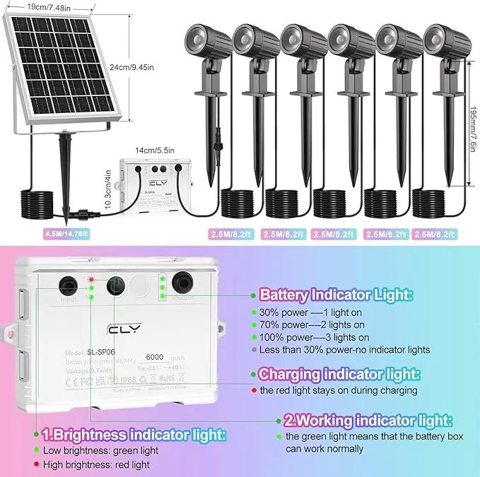 CLY Solar 6 in 1 RGB Spotlights Outdoor Garden, 10 Colors 12 Modes Solar Garden Floodlight Landscape Spotlights IP66 Waterproof 59.06ft Cable Spike Light for Lawn, Patio, Balcony by GreenHaven Gardens