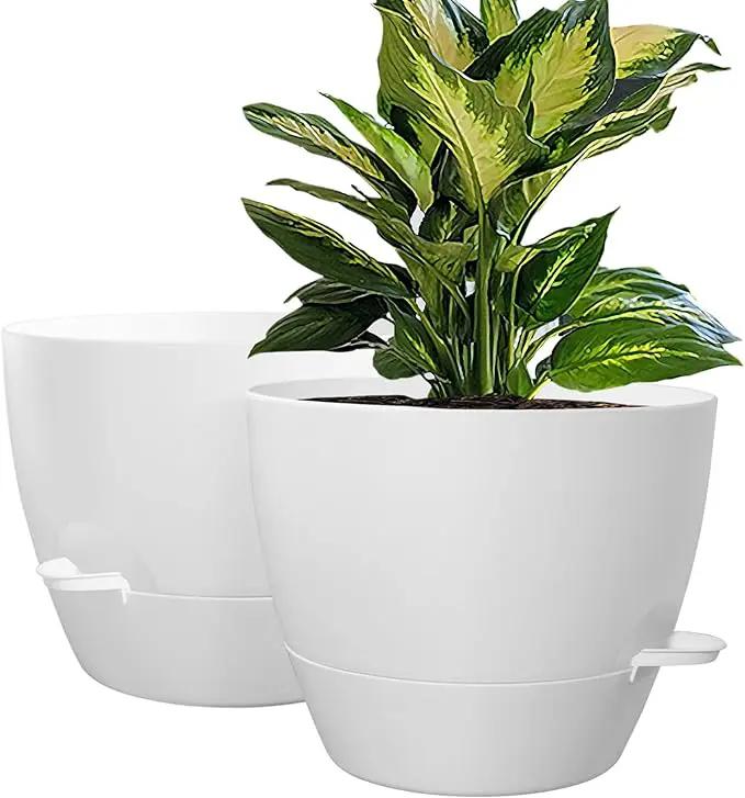 WOUSIWER 10 inch Self Watering Planters, 2 Pack Large Plastic Plant Pots with Deep Reservior and High Drainage Holes for Indoor Outdoor Plants and Flowers, White by GreenHaven Gardens