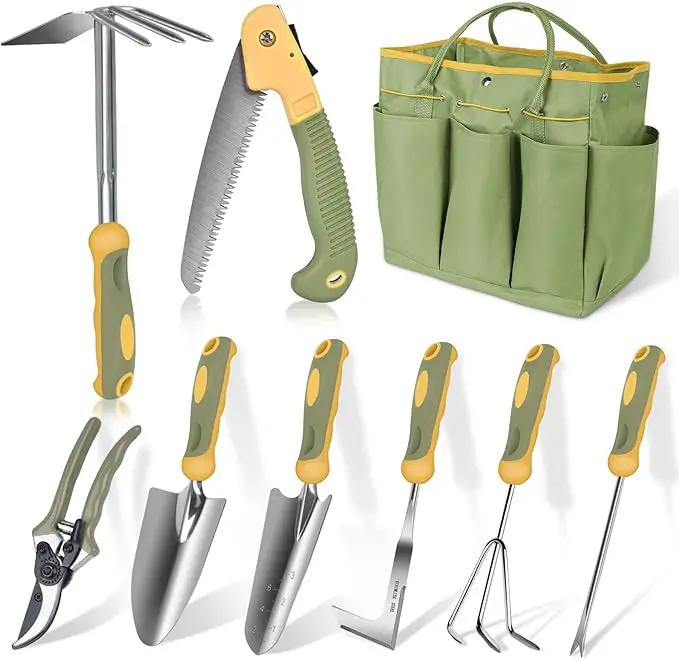 Garden Tool Set, WisaKey 9 Piece Stainless Steel Heavy Duty Gardening Hand Tools with Handle, Durable Garden Tool Bag, Gardening Gifts for Women and Men White Elephant Gifts by GreenHaven Gardens