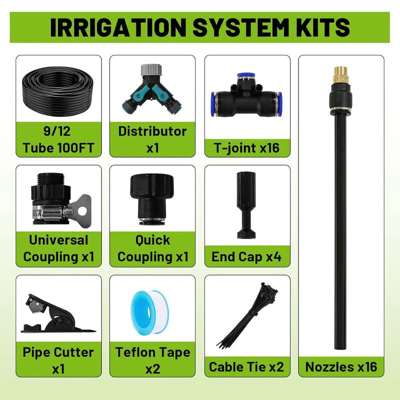 Drip Irrigation Kit - 100 FT. Hose Sprinkler System with 360° nozzles and T-connectors for Gardens, lawns, Plants, Flower beds, Trees, patios and hydroponics (Closeable nozzle-16) by GreenHaven Gardens