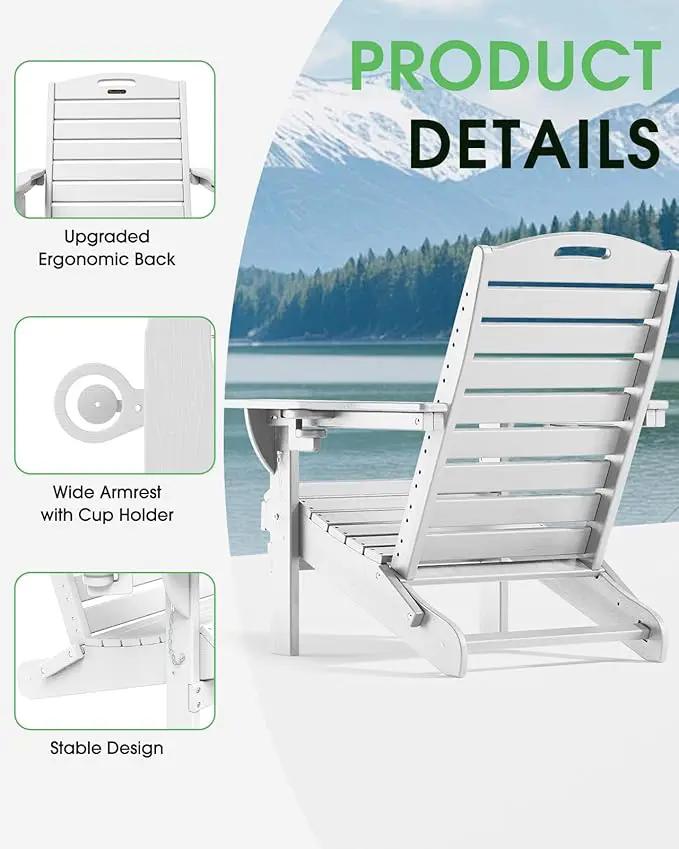 Folding Adirondack Chair HDPE All-Weather Adirondack Chairs with Cup Holder, Outdoor Fire Pit Chairs Lawn Chair for Deck Patio Garden (White) by GreenHaven Gardens