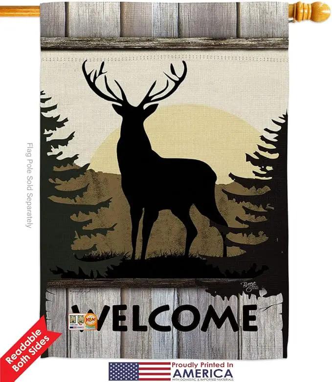 Welcome Deer House Flag Eagle Set Animals Wildlife Outdoor Bear Wolf Pet Nature Farm Animal Creature Small Decorative Gift Yard Banner Double-Sided Made In USA 28 X 40 by GreenHaven Gardens