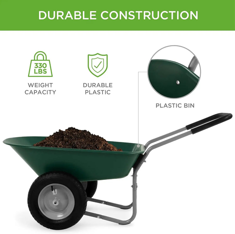 Best Choice Products Dual-Wheel Home Utility Yard Wheelbarrow Garden Cart w/Built-in Stand for Lawn, Gardening, Construction - Green by GreenHaven Gardens