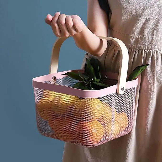 Metal Mesh Steel Basket, Storage Organizer Basket Multi-functional Hanging Kitchen Baskets Fruit Basket Bin with Bamboo Handle for Kitchen Bathroom Picnic Shopping Decor Cabinet Home, Pink by GreenHaven Gardens