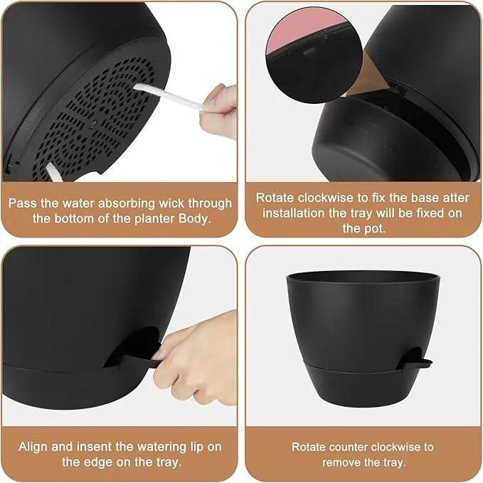 Plant Pots 10/9/8/7.5/7 Inch Self Watering Pots, Set of 5 Plastic Planters with Drainage Holes and Saucers,Plastic Flower Pots,Nursery Planting Pot for Indoor Out Door Plants(All Black) by GreenHaven Gardens