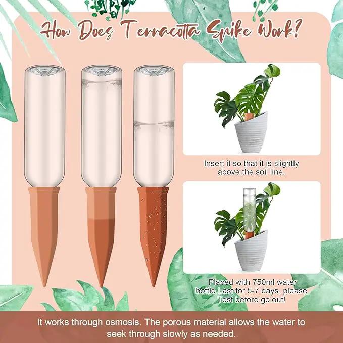 6 Sets Plant Watering Devices Include Terracotta Self Watering Spikes and 26 oz Plastic Bottles, Slow Release Vacation Insert Automatic Plant Waterer Device (Green Clear Brown and Terracotta) by GreenHaven Gardens