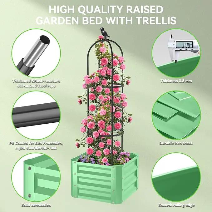 1Pack Raised Garden Beds Outdoor, Galvanized Metal Raised Garden Bed with Trellis, 16x16x60inch Tomato Cage Planters Box with Trellis for Climbing Plants Vegetable Vine Flowers by GreenHaven Gardens
