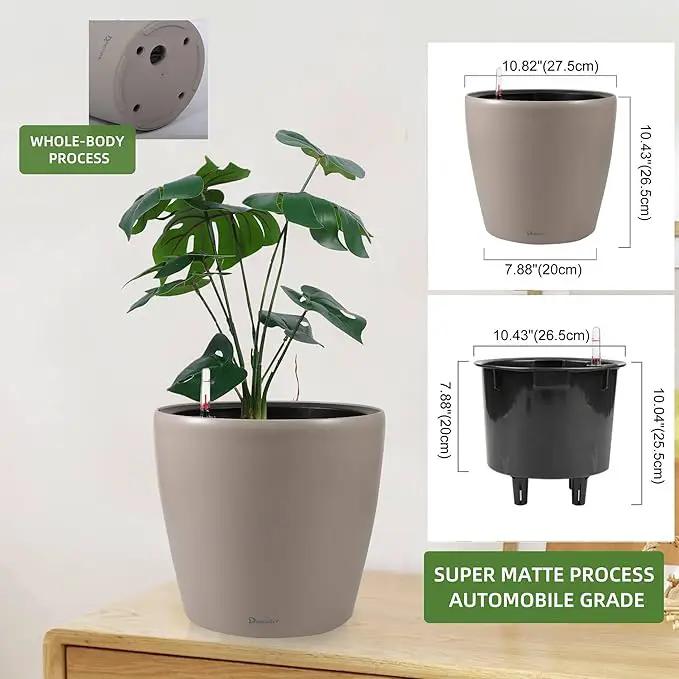 Dexceder 11x10 Inches Self Watering Planter Indoor Outdoor, Inner Pot Design, Thickened Table Flower Plant Pot with Water Level Indicator (Taupe Matte) by GreenHaven Gardens