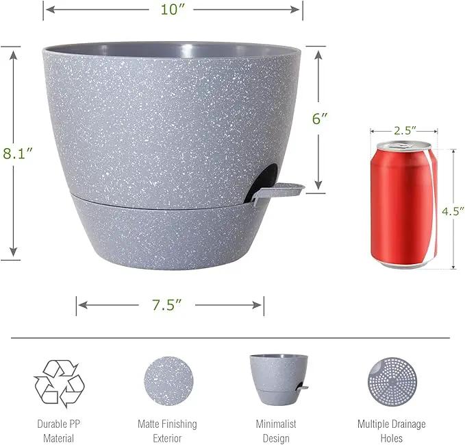 WOUSIWER 10 inch Self Watering Planters, 2 Pack Large Plastic Plant Pots with Deep Reservior and High Drainage Holes for Indoor Outdoor Plants and Flowers, Speckled Grey by GreenHaven Gardens