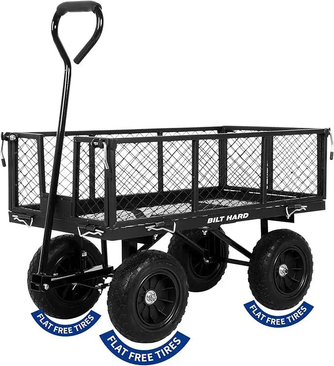 BILT HARD 400 lbs 10" Flat Free Tires Steel Garden Cart with 180° Rotating Handle and Removable Sides, 4 Cu.Ft Capacity Utility Heavy Duty Garden Carts and Wagons by GreenHaven Gardens