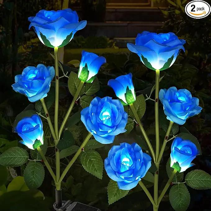 Solar Garden Lights, Solar Outdoor Lights with More Realistic 10 Rose Waterproof Solar Powered Flowers Lights for Outside Patio Yard Pathway Decorations, 2 Pack, Blue by GreenHaven Gardens