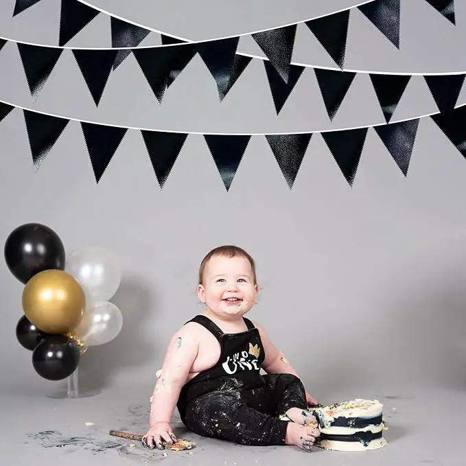 Black Party Decorations Triangle Pennant Banner Flag Black Metallic Fabric Bunting Garland for Graduation Birthday Wedding Engagement Bachelorette Holiday Halloween Celebration Hen Party Supplies by GreenHaven Gardens