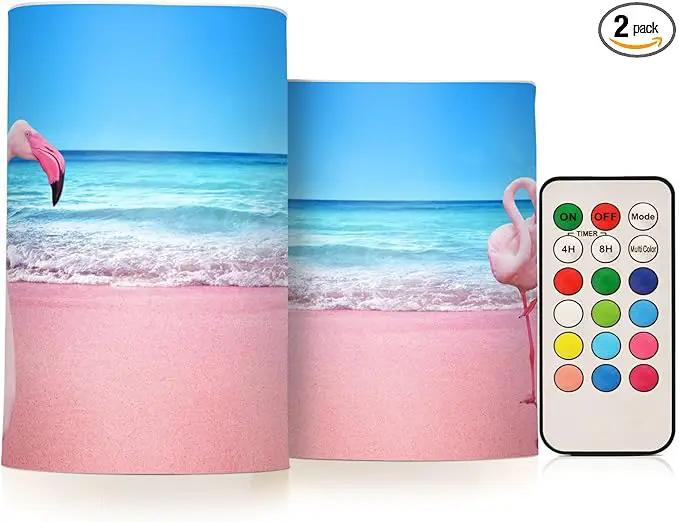 Flickering Flameless Candles, Pink Flamingo on Beach LED Candles with Remote Timer, Set of 2 Battery Operated Candle for Valentine Wedding Birthday by GreenHaven Gardens