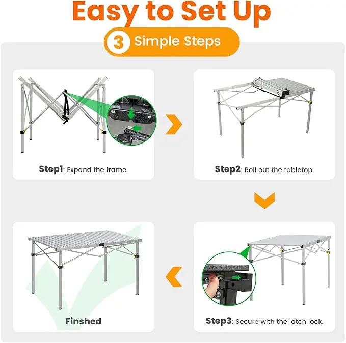Large 46.4" Camping Table for 2-6 People - 220lbs Capacity Heavy Duty Foldable Outdoor Table with Aluminum Roll-Up Top & Carry Bag, Portable Picnic Desk for BBQ, Tailgating, Backyard (Silver) by GreenHaven Gardens