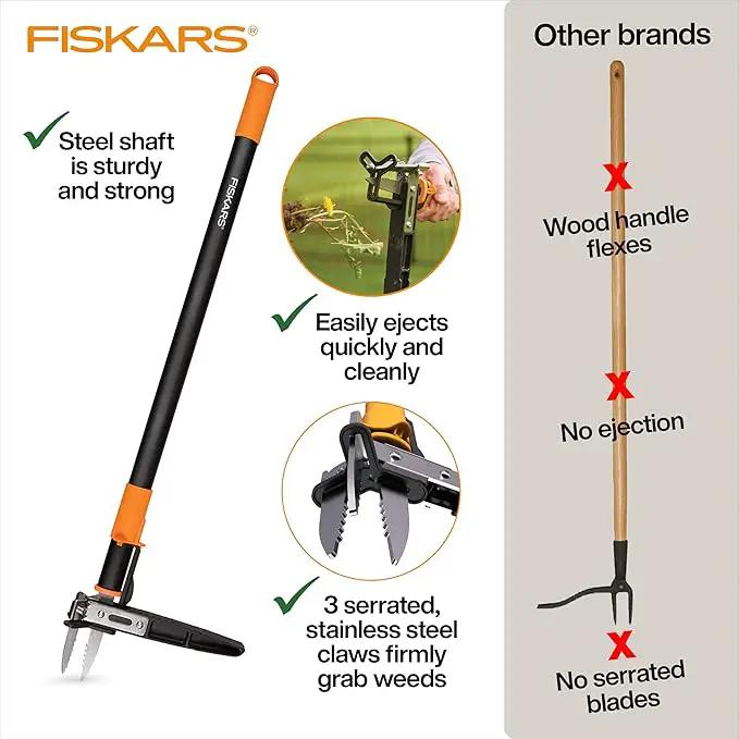 Fiskars 3-Claw Stand Up Weed Puller Tool, Gardening Weeder, Hand Weeding Tool with 39" Long Ergonomic Handle with Easy-Eject Mechanism by GreenHaven Gardens