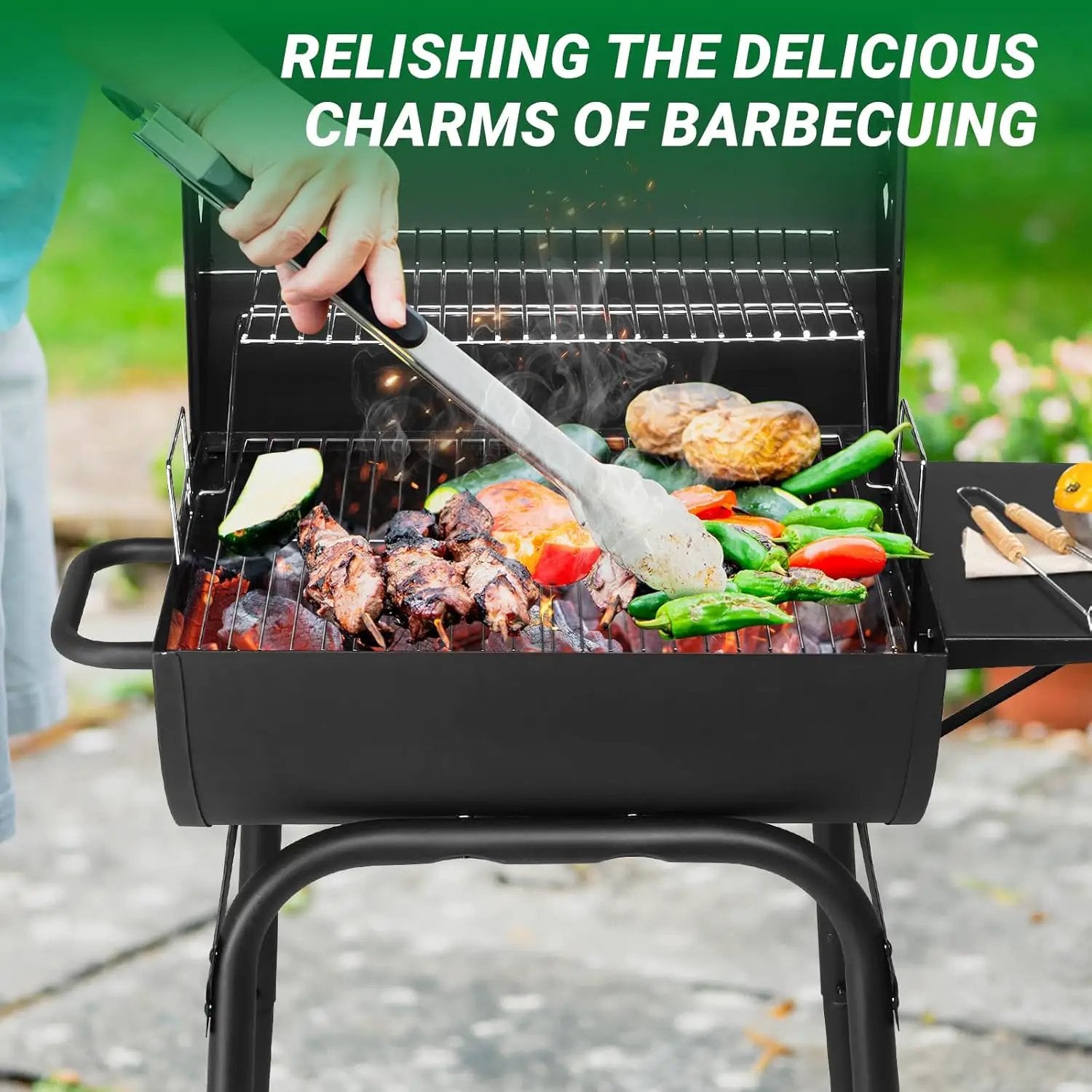 VINGLI Barrel Charcoal Grill with Side Table, BBQ Grill Outdoor Smoker Grill with Wheels for Party Garden Patio and Backyard Cooking by GreenHaven Gardens