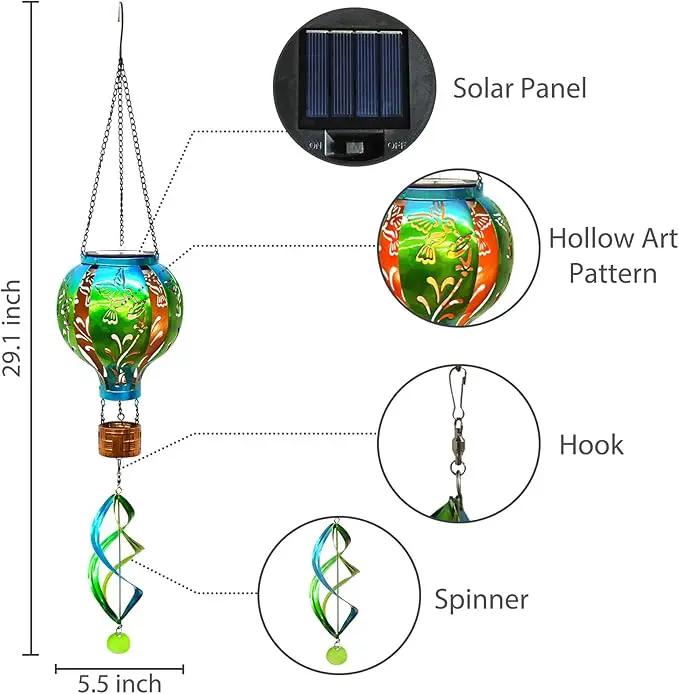 Hot Air Balloon Solar Lantern Hummingbird Wind Spinners with Flickering Flame Light Hanging Solar Lantern Outdoor Waterproof Decorations for Outside Patio Garden Yard by GreenHaven Gardens