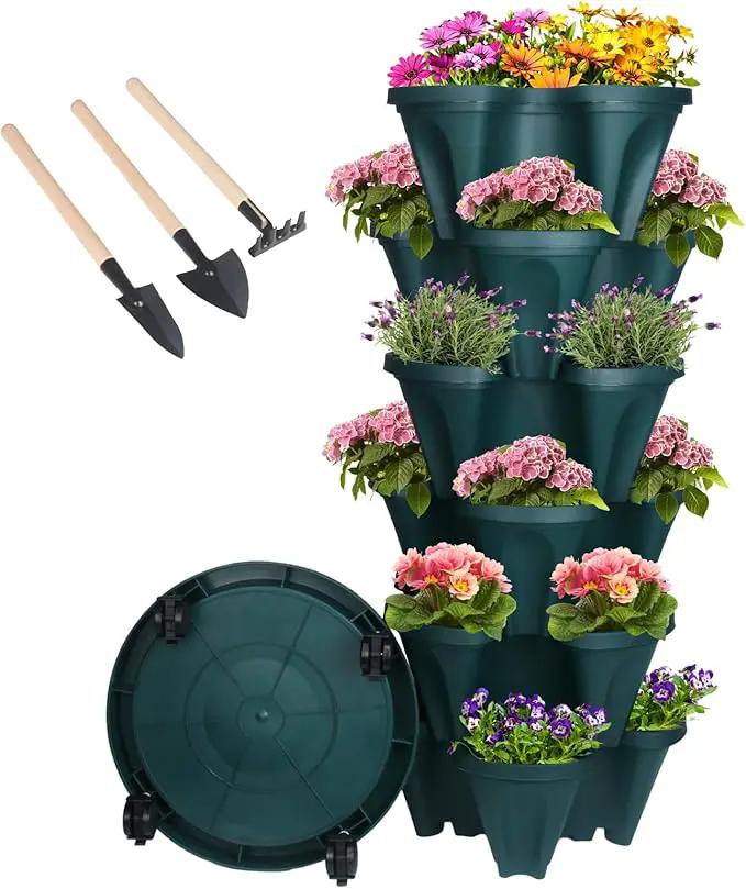 Vertical Planter 6 Tier Stackable Planters Garden Planters Strawberry Herb Flower and Vegetable Planter Indoor Outdoor Gardening Pots with Removable Wheels and Tools by GreenHaven Gardens