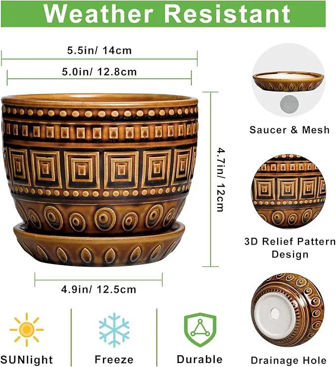 G EPGardening Succulent Pot 5.5 Inch - Ceramic Plant Pot for Indoor Plants Outdoor, Round Boho Planter with Drainage Hole and Saucer, Gifts for Plant Lovers, Office Home Garden Decor, Brown by GreenHaven Gardens