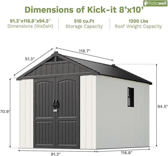 Patiowell 8 x 10 FT Resin Outdoor Storage Shed with Floor and Light, Large Plastic Barn with Lockable Door for Garden Tools, Backyard, Bike Storage, Easy Installation in Beige (Kick-it Shed)