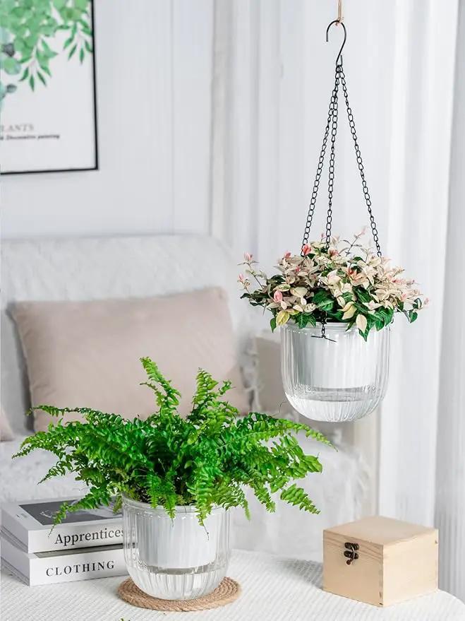6.5 Inch 2 Pcs Self Watering Hanging Planter Indoor Plant Pots Drainage Holes, Outdoor Hanging Planters Flower Pot Basket, Visible Water Level, Plant Hanger Home Decor, Gardening by GreenHaven Gardens
