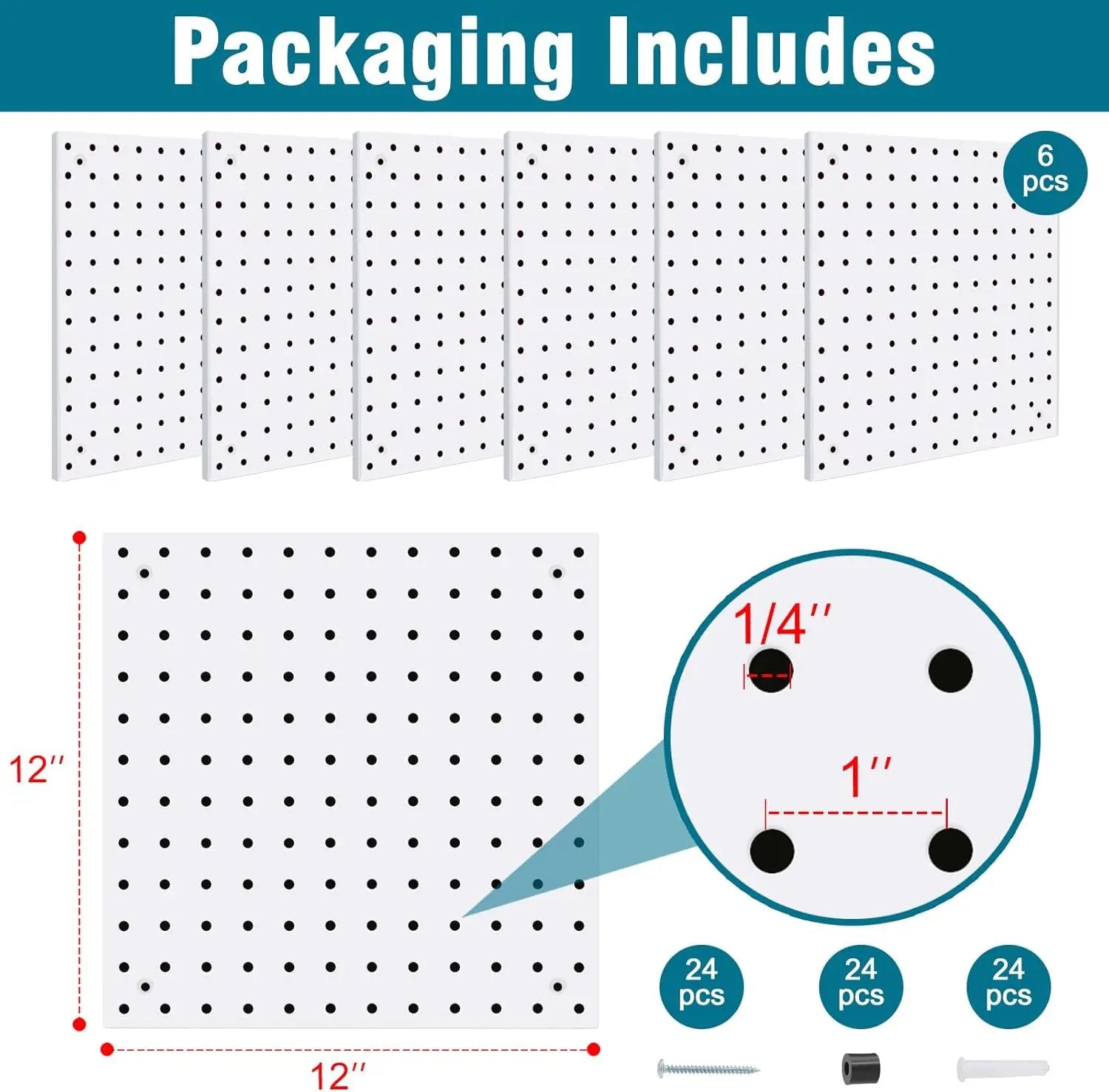 6 Pack Steel Peg Board,Universal 1/8 and 1/4 Pegboard Accessories,Ideal for Garage Tool Storage, Office Organization, Craft Room, Kitchen etc. (White, 6-12X12) by GreenHaven Gardens