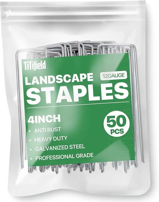 4 Inch 50 Pack Landscape Staples Galvanized Garden Stakes Anti-Rust Landscape Pins for Weed Barrier Fabric, Artificial Turf and Landscape Fabric by GreenHaven Gardens