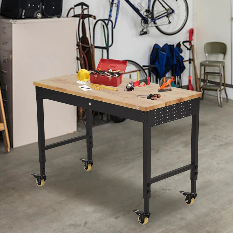48x24 Inch Heavy-Duty Adjustable Workbench with Rubber Wood Top – 2000LB Capacity Mobile Garage Workstation, Locking Wheels, Power Outlets, Ideal for Workshop, DIY & Tool Storage (Black) by GreenHaven Gardens
