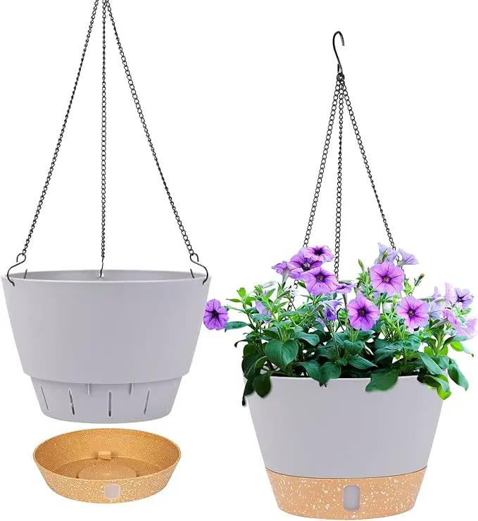 QCQHDU 2 Pack 10 inch Hanging Planters for Indoor Plants, Outdoor Hanging Baskets, Self Watering Pots with Drainage Holes & Removable Tray (Light Grey, 10 inch) by GreenHaven Gardens
